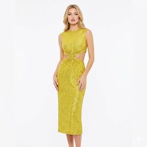 Mac Duggal Yellow Sequin Cutout Twist Front Sheath Dress 4 Formal Event Wedding